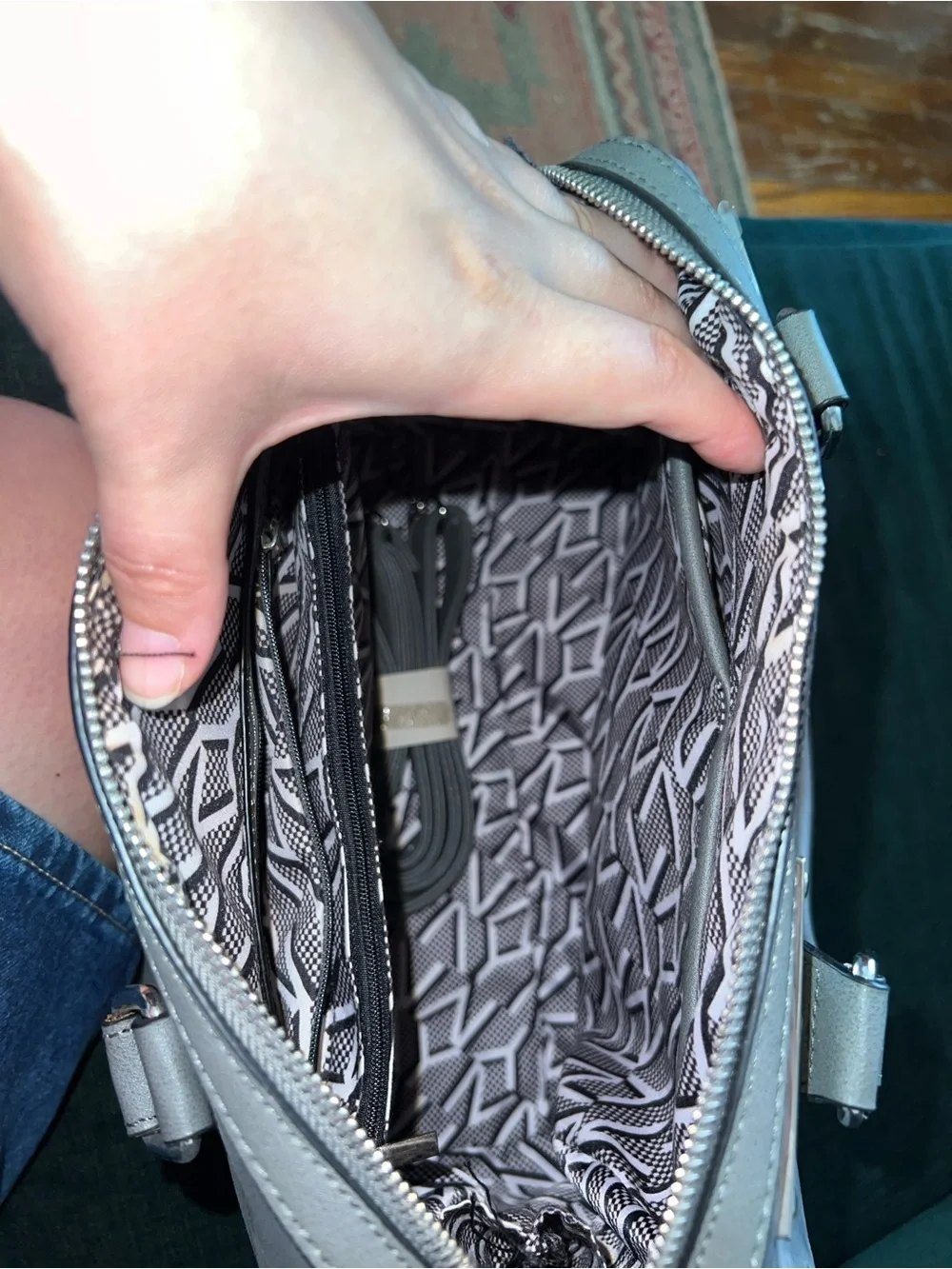 Andrew Marc Gray Croc-Embossed Satchel with removable cross-body strap.
